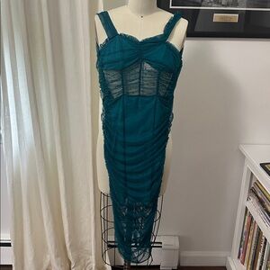 House of Harlow Teal Mesh Ruched Midi Dress